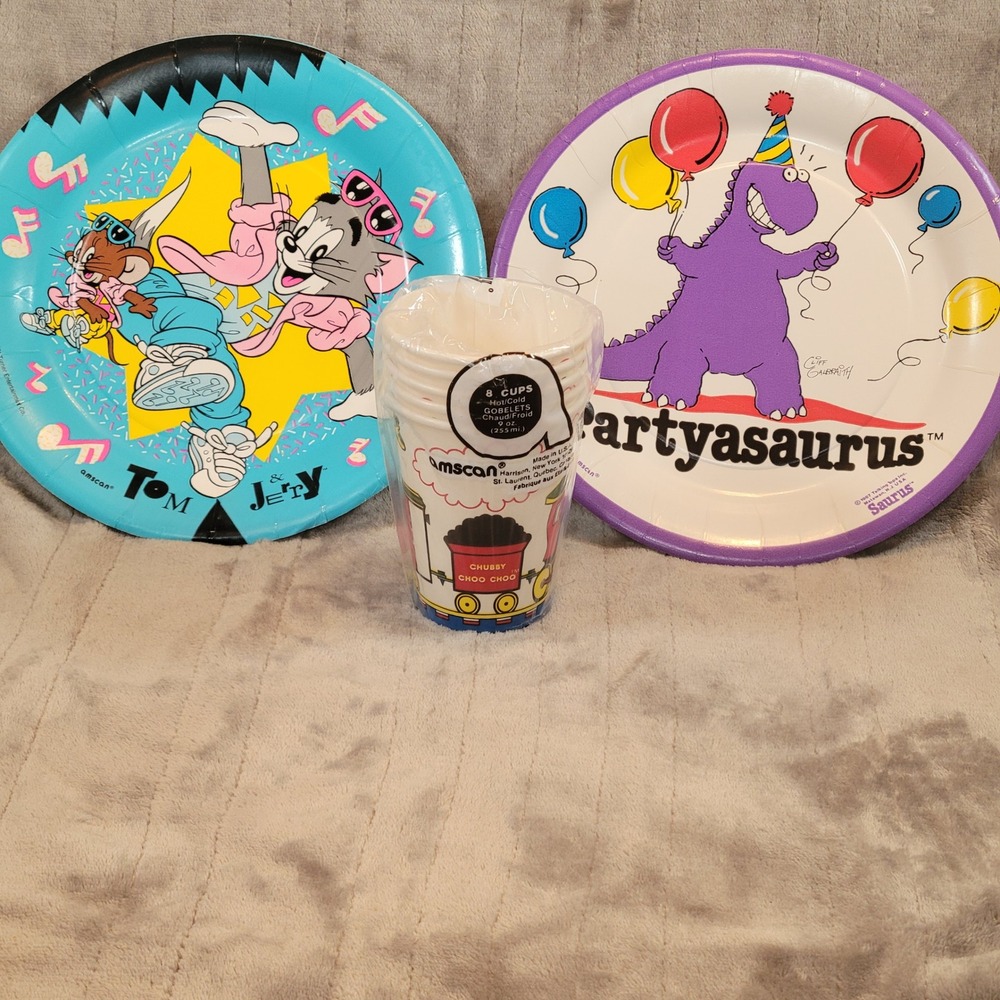 Vintage Amscan Kids Party Plates Cups 80s 90s Tom & Jerry Partyasaurus Choo Choo
